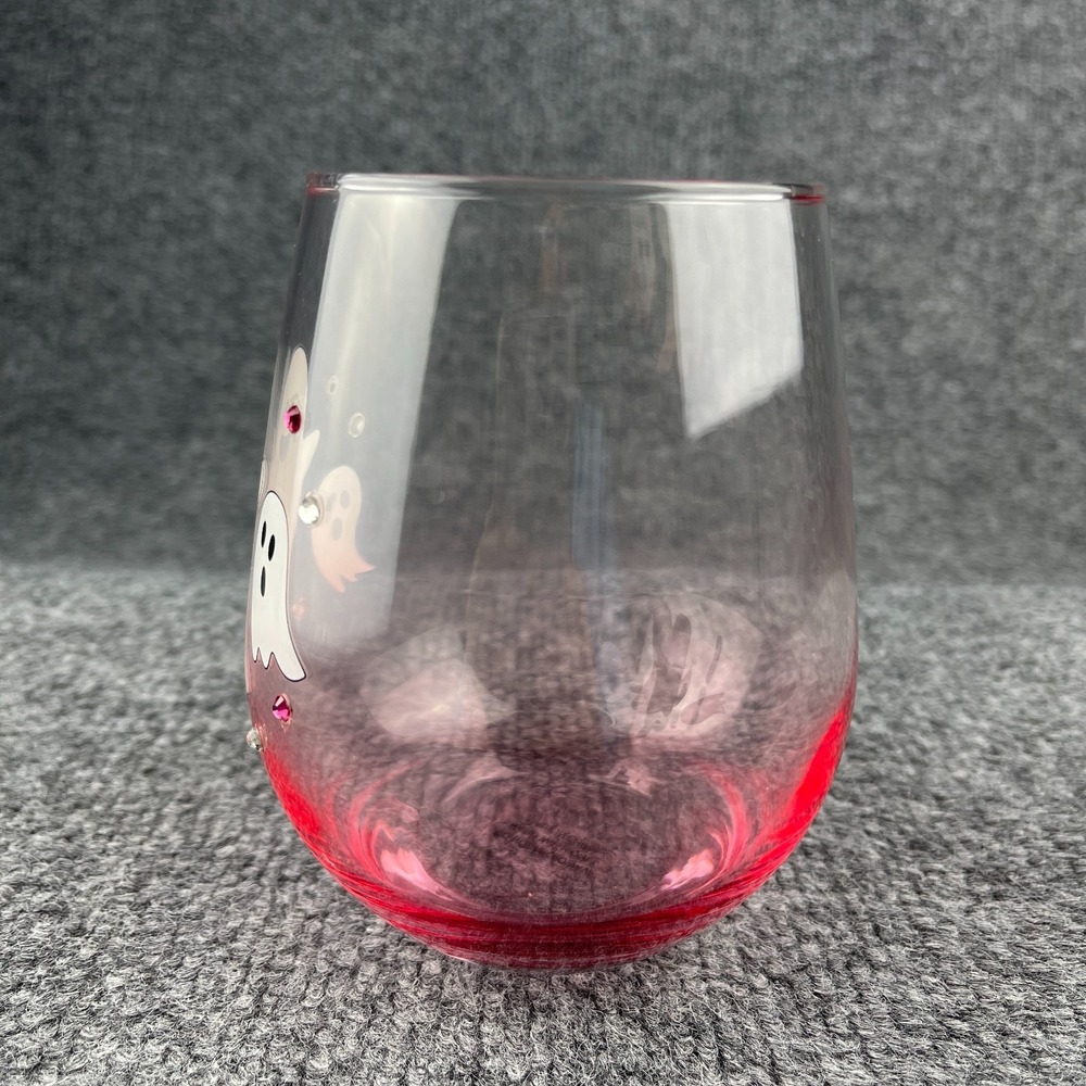 Cobwebs & Cauldrons Halloween Pink Ghost Rhinestone Stemless Wine Glass NEW - Picture 10 of 14